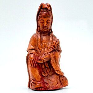 Ojime Bead Netsuke Kuan Yin Guanyin Quan Yin Hand-Carved Boxwood Signed Figurine